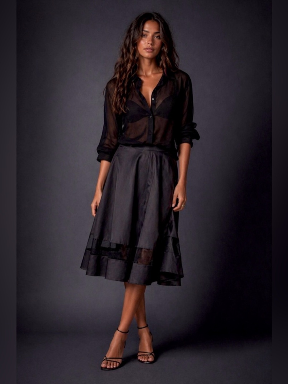 Black Boho Tiered A-Line Skirt Sheer Hem Detail